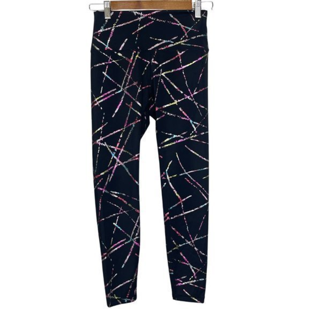 Zyia Active Colorful Metallic Paint Splatter Black Pink Yoga Pants Leggings Sz 4